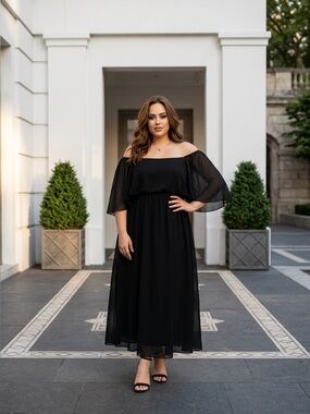 CICIDUDU Off Shoulder Chiffon Formal Dress Womens 3XL NWOT Black A Line Gown
